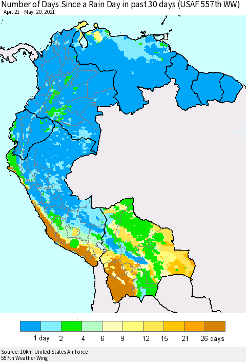 Northern South America Number of Days Since a Rain Day in past 30 days (USAF 557th WW) Thematic Map For 5/16/2021 - 5/20/2021