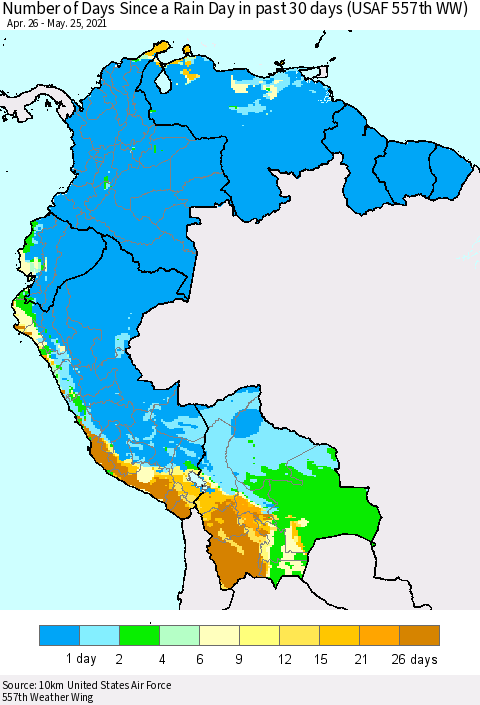 Northern South America Number of Days Since a Rain Day in past 30 days (USAF 557th WW) Thematic Map For 5/21/2021 - 5/25/2021