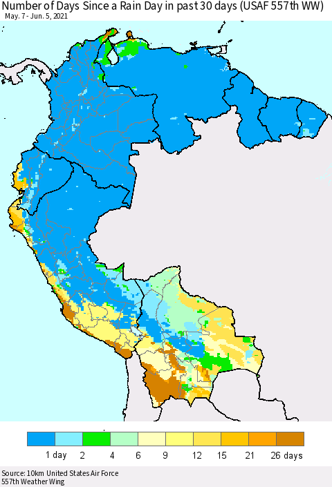 Northern South America Number of Days Since a Rain Day in past 30 days (USAF 557th WW) Thematic Map For 6/1/2021 - 6/5/2021