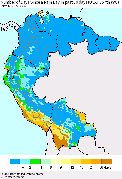 Northern South America Number of Days Since a Rain Day in past 30 days (USAF 557th WW) Thematic Map For 6/6/2021 - 6/10/2021