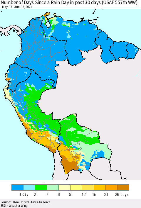 Northern South America Number of Days Since a Rain Day in past 30 days (USAF 557th WW) Thematic Map For 6/11/2021 - 6/15/2021