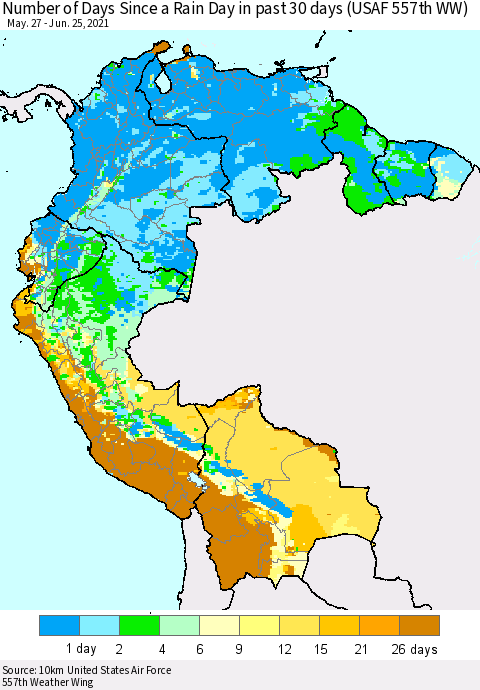 Northern South America Number of Days Since a Rain Day in past 30 days (USAF 557th WW) Thematic Map For 6/21/2021 - 6/25/2021