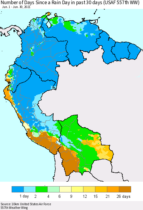 Northern South America Number of Days Since a Rain Day in past 30 days (USAF 557th WW) Thematic Map For 6/26/2021 - 6/30/2021