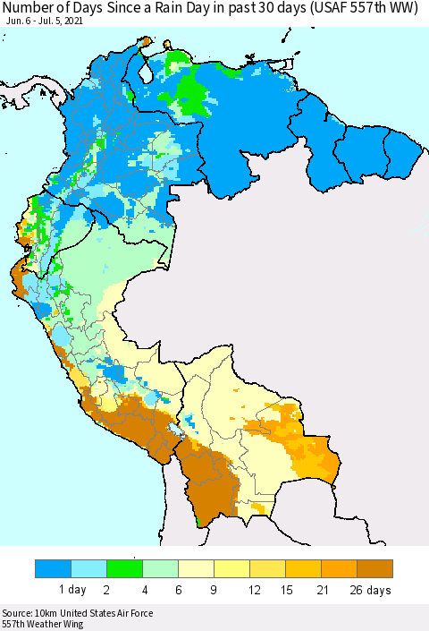 Northern South America Number of Days Since a Rain Day in past 30 days (USAF 557th WW) Thematic Map For 7/1/2021 - 7/5/2021
