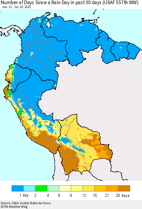 Northern South America Number of Days Since a Rain Day in past 30 days (USAF 557th WW) Thematic Map For 7/6/2021 - 7/10/2021