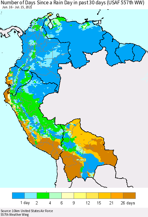 Northern South America Number of Days Since a Rain Day in past 30 days (USAF 557th WW) Thematic Map For 7/11/2021 - 7/15/2021