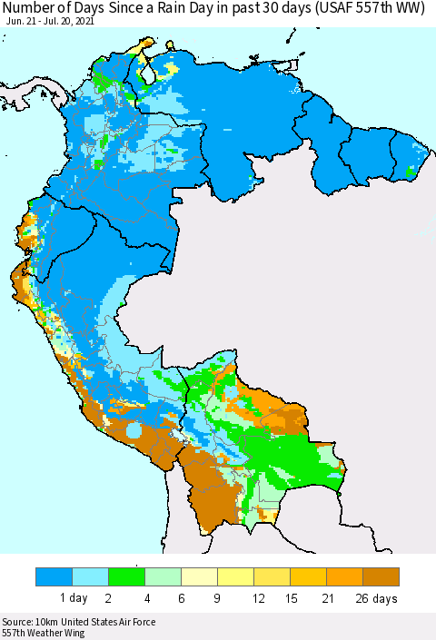 Northern South America Number of Days Since a Rain Day in past 30 days (USAF 557th WW) Thematic Map For 7/16/2021 - 7/20/2021