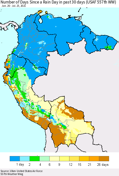 Northern South America Number of Days Since a Rain Day in past 30 days (USAF 557th WW) Thematic Map For 7/21/2021 - 7/25/2021