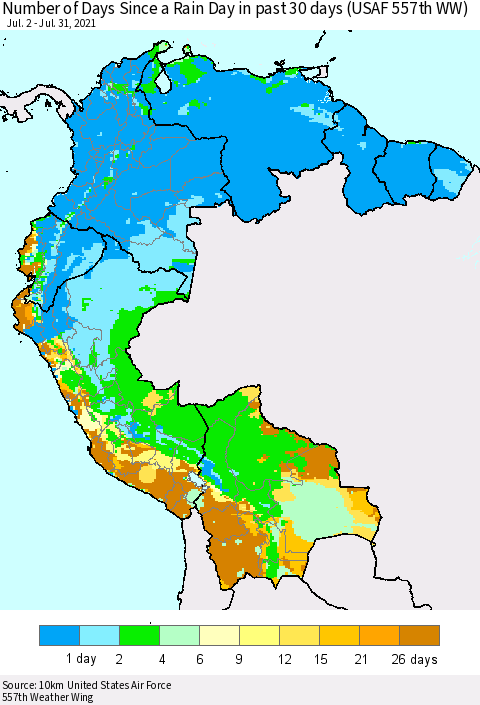 Northern South America Number of Days Since a Rain Day in past 30 days (USAF 557th WW) Thematic Map For 7/26/2021 - 7/31/2021