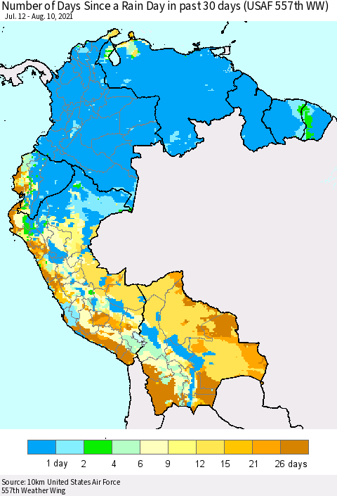 Northern South America Number of Days Since a Rain Day in past 30 days (USAF 557th WW) Thematic Map For 8/6/2021 - 8/10/2021