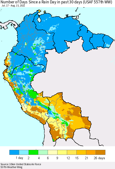 Northern South America Number of Days Since a Rain Day in past 30 days (USAF 557th WW) Thematic Map For 8/11/2021 - 8/15/2021