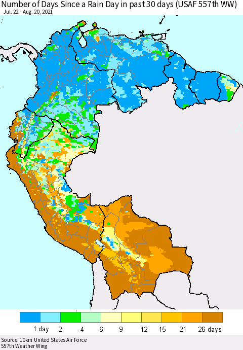 Northern South America Number of Days Since a Rain Day in past 30 days (USAF 557th WW) Thematic Map For 8/16/2021 - 8/20/2021