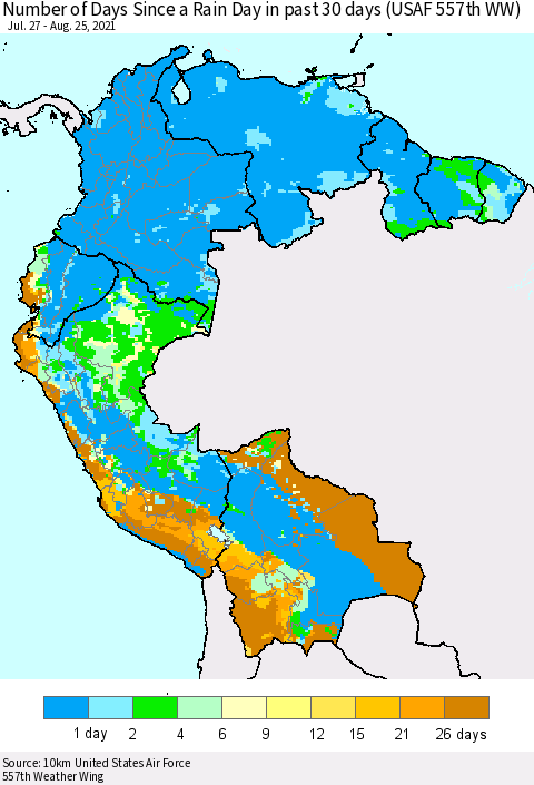 Northern South America Number of Days Since a Rain Day in past 30 days (USAF 557th WW) Thematic Map For 8/21/2021 - 8/25/2021