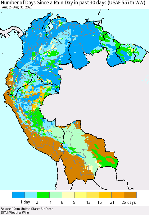 Northern South America Number of Days Since a Rain Day in past 30 days (USAF 557th WW) Thematic Map For 8/26/2021 - 8/31/2021