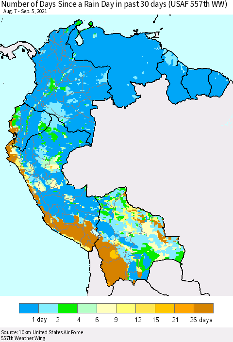 Northern South America Number of Days Since a Rain Day in past 30 days (USAF 557th WW) Thematic Map For 9/1/2021 - 9/5/2021