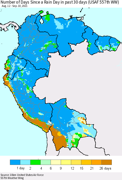 Northern South America Number of Days Since a Rain Day in past 30 days (USAF 557th WW) Thematic Map For 9/6/2021 - 9/10/2021