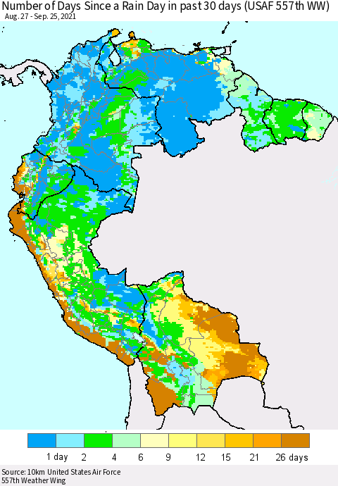 Northern South America Number of Days Since a Rain Day in past 30 days (USAF 557th WW) Thematic Map For 9/21/2021 - 9/25/2021