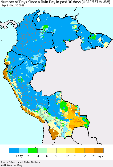 Northern South America Number of Days Since a Rain Day in past 30 days (USAF 557th WW) Thematic Map For 9/26/2021 - 9/30/2021