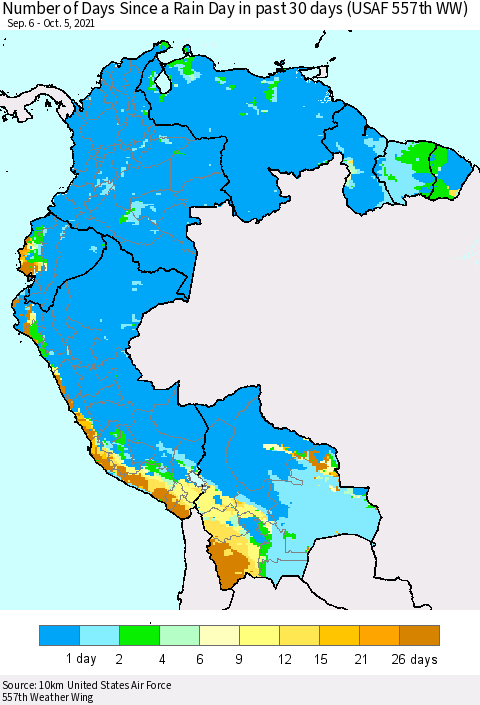 Northern South America Number of Days Since a Rain Day in past 30 days (USAF 557th WW) Thematic Map For 10/1/2021 - 10/5/2021