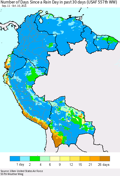 Northern South America Number of Days Since a Rain Day in past 30 days (USAF 557th WW) Thematic Map For 10/6/2021 - 10/10/2021