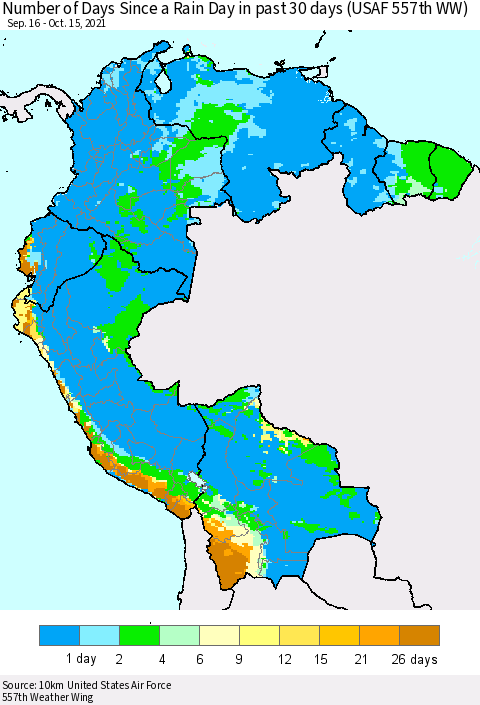 Northern South America Number of Days Since a Rain Day in past 30 days (USAF 557th WW) Thematic Map For 10/11/2021 - 10/15/2021
