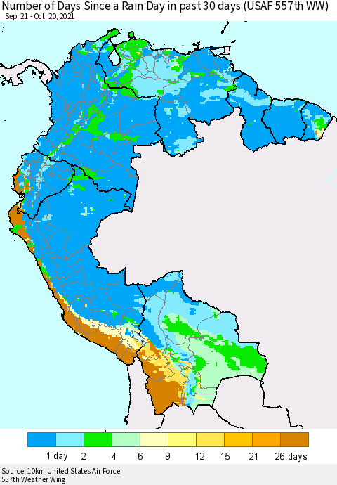 Northern South America Number of Days Since a Rain Day in past 30 days (USAF 557th WW) Thematic Map For 10/16/2021 - 10/20/2021