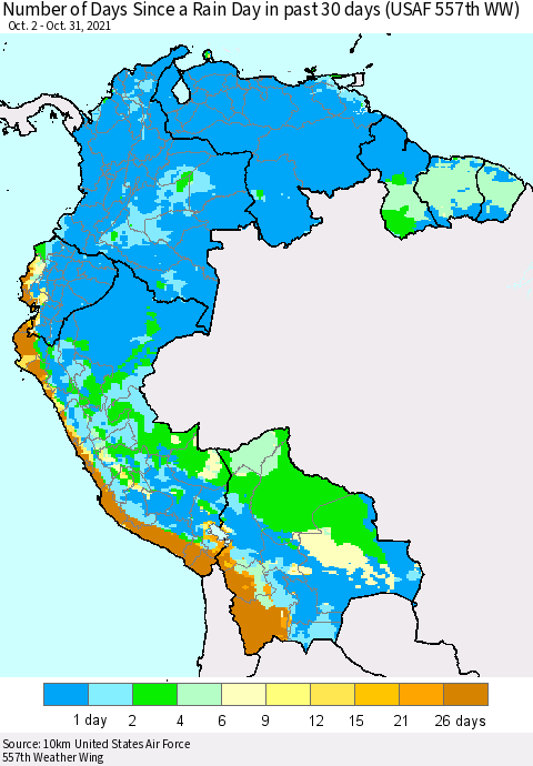 Northern South America Number of Days Since a Rain Day in past 30 days (USAF 557th WW) Thematic Map For 10/26/2021 - 10/31/2021