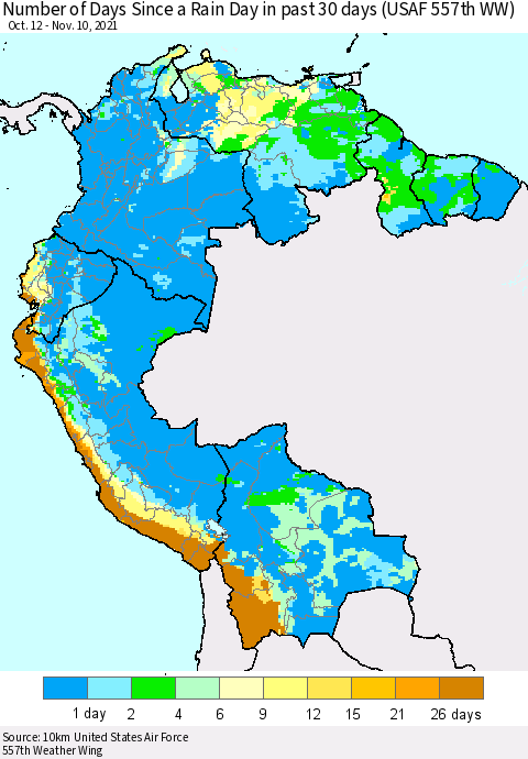 Northern South America Number of Days Since a Rain Day in past 30 days (USAF 557th WW) Thematic Map For 11/6/2021 - 11/10/2021