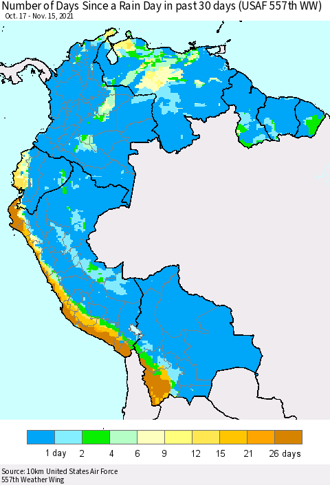 Northern South America Number of Days Since a Rain Day in past 30 days (USAF 557th WW) Thematic Map For 11/11/2021 - 11/15/2021
