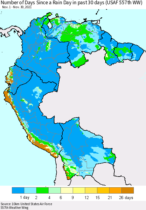 Northern South America Number of Days Since a Rain Day in past 30 days (USAF 557th WW) Thematic Map For 11/26/2021 - 11/30/2021