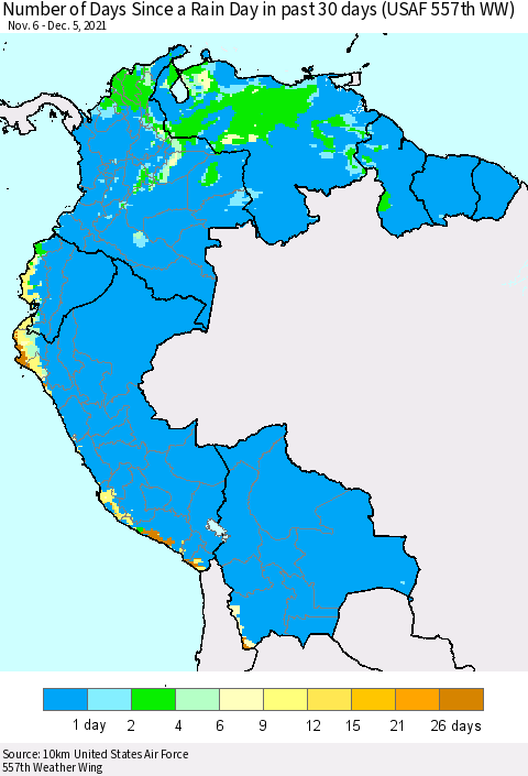 Northern South America Number of Days Since a Rain Day in past 30 days (USAF 557th WW) Thematic Map For 12/1/2021 - 12/5/2021