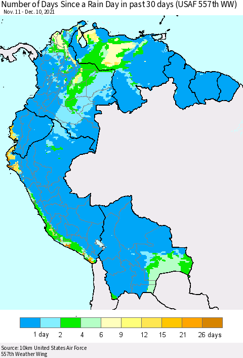 Northern South America Number of Days Since a Rain Day in past 30 days (USAF 557th WW) Thematic Map For 12/6/2021 - 12/10/2021