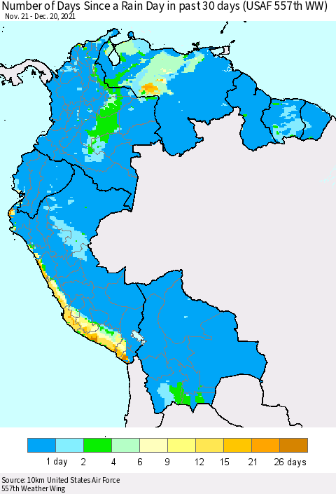 Northern South America Number of Days Since a Rain Day in past 30 days (USAF 557th WW) Thematic Map For 12/16/2021 - 12/20/2021