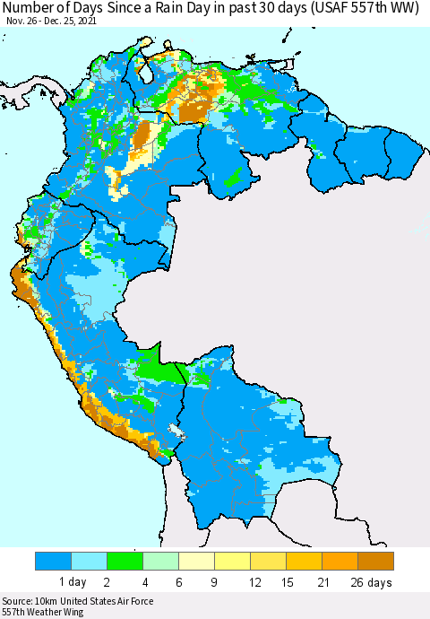 Northern South America Number of Days Since a Rain Day in past 30 days (USAF 557th WW) Thematic Map For 12/21/2021 - 12/25/2021