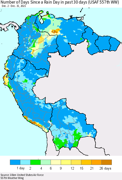 Northern South America Number of Days Since a Rain Day in past 30 days (USAF 557th WW) Thematic Map For 12/26/2021 - 12/31/2021