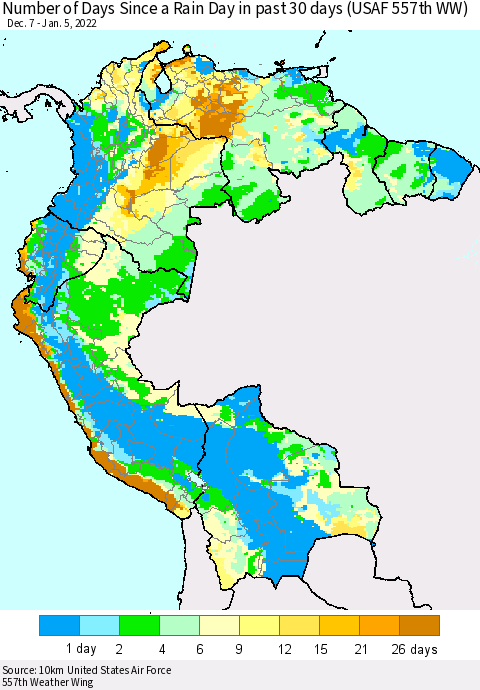 Northern South America Number of Days Since a Rain Day in past 30 days (USAF 557th WW) Thematic Map For 1/1/2022 - 1/5/2022
