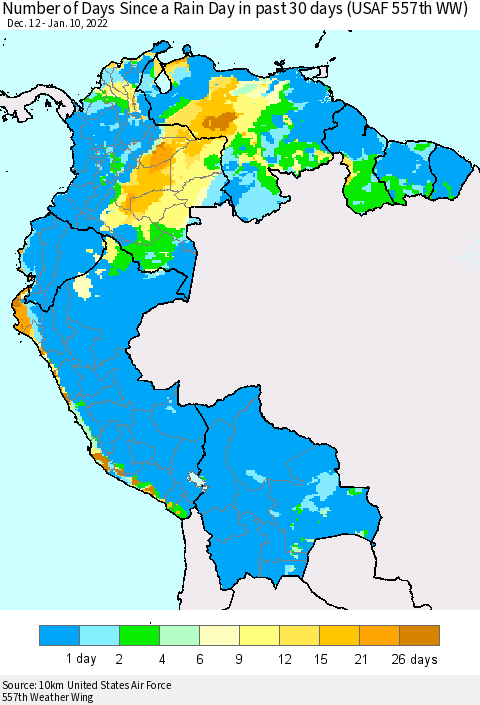 Northern South America Number of Days Since a Rain Day in past 30 days (USAF 557th WW) Thematic Map For 1/6/2022 - 1/10/2022