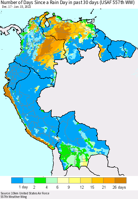 Northern South America Number of Days Since a Rain Day in past 30 days (USAF 557th WW) Thematic Map For 1/11/2022 - 1/15/2022