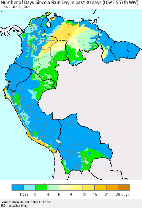 Northern South America Number of Days Since a Rain Day in past 30 days (USAF 557th WW) Thematic Map For 1/26/2022 - 1/31/2022
