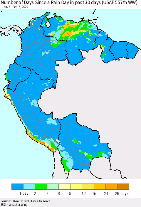 Northern South America Number of Days Since a Rain Day in past 30 days (USAF 557th WW) Thematic Map For 2/1/2022 - 2/5/2022