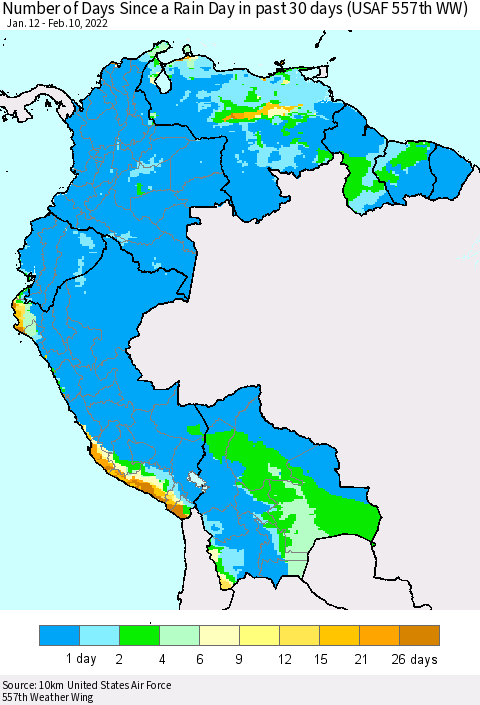 Northern South America Number of Days Since a Rain Day in past 30 days (USAF 557th WW) Thematic Map For 2/6/2022 - 2/10/2022