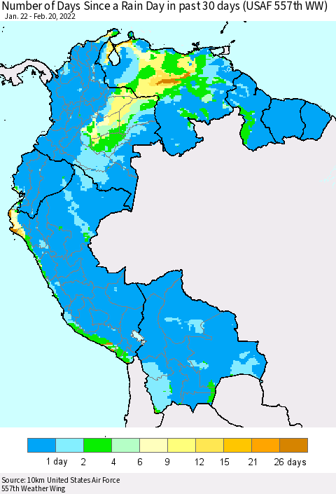 Northern South America Number of Days Since a Rain Day in past 30 days (USAF 557th WW) Thematic Map For 2/16/2022 - 2/20/2022