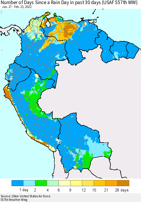 Northern South America Number of Days Since a Rain Day in past 30 days (USAF 557th WW) Thematic Map For 2/21/2022 - 2/25/2022
