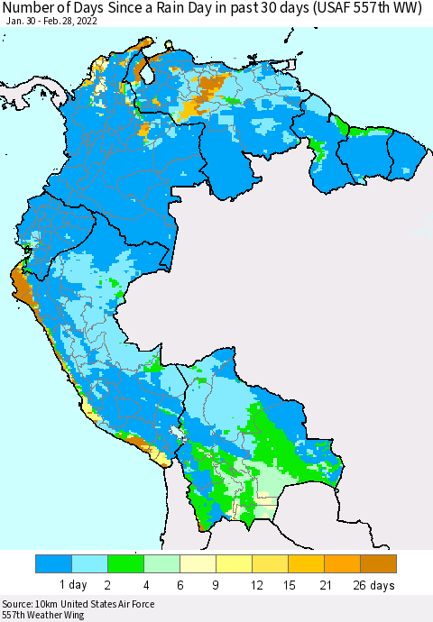 Northern South America Number of Days Since a Rain Day in past 30 days (USAF 557th WW) Thematic Map For 2/26/2022 - 2/28/2022