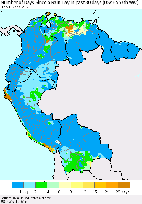 Northern South America Number of Days Since a Rain Day in past 30 days (USAF 557th WW) Thematic Map For 3/1/2022 - 3/5/2022