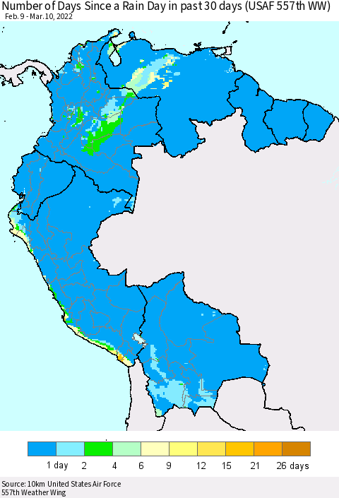 Northern South America Number of Days Since a Rain Day in past 30 days (USAF 557th WW) Thematic Map For 3/6/2022 - 3/10/2022