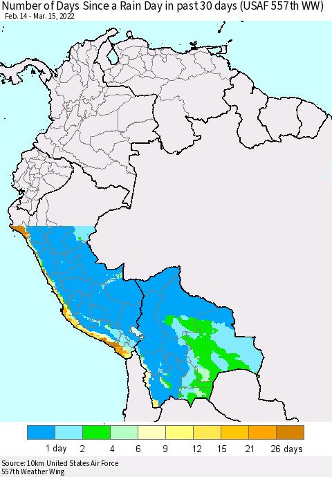 Northern South America Number of Days Since a Rain Day in past 30 days (USAF 557th WW) Thematic Map For 3/11/2022 - 3/15/2022