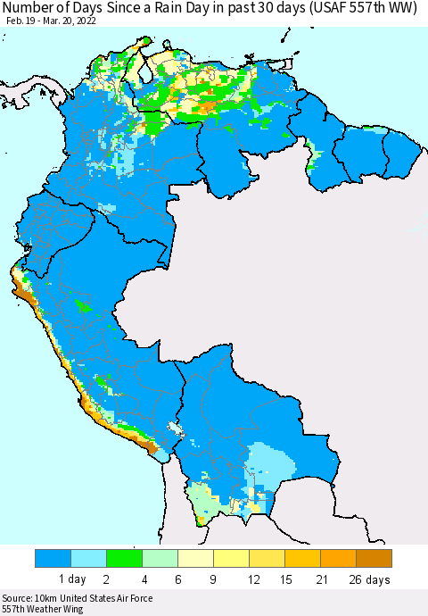 Northern South America Number of Days Since a Rain Day in past 30 days (USAF 557th WW) Thematic Map For 3/16/2022 - 3/20/2022