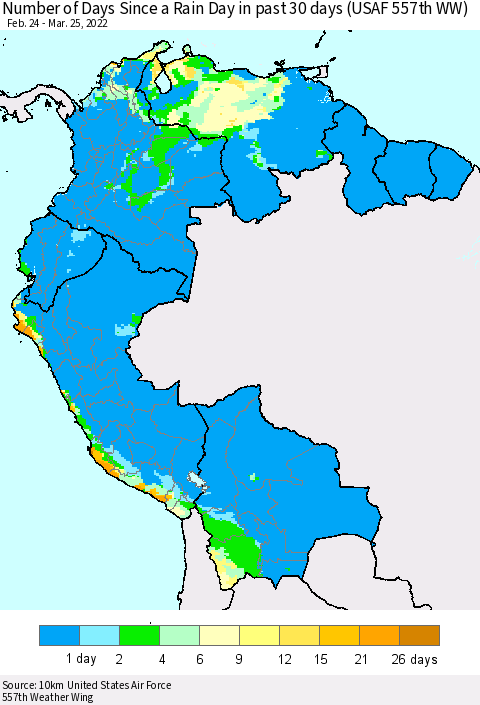 Northern South America Number of Days Since a Rain Day in past 30 days (USAF 557th WW) Thematic Map For 3/21/2022 - 3/25/2022