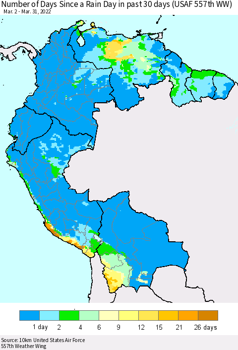 Northern South America Number of Days Since a Rain Day in past 30 days (USAF 557th WW) Thematic Map For 3/26/2022 - 3/31/2022
